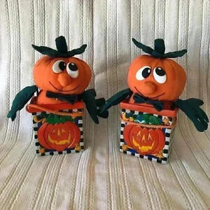 VTG 2 Plush Ceramic Hallowing Pumpkin Decor 9"